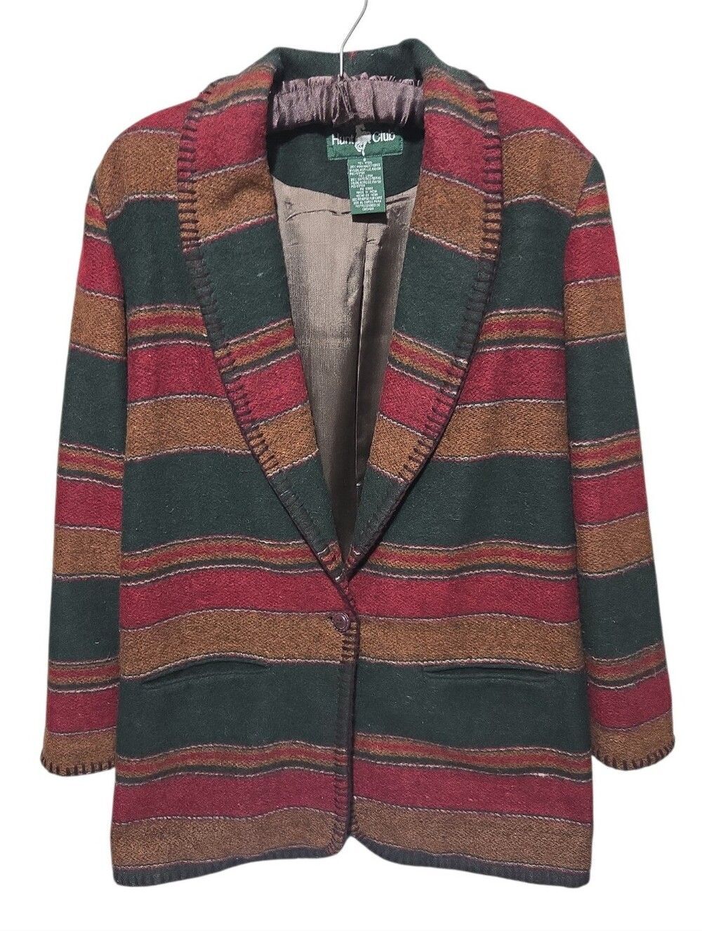 VTG 90s Hunt Club Southwestern Wool Blanket Blazer Jacket Green Red Striped Sz 8